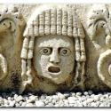 Carved mask at Myra’s theatre.