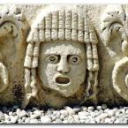 Carved mask at Myra’s theatre.